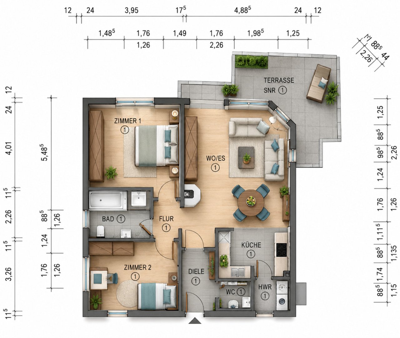 bemaßter 3D Grundriss